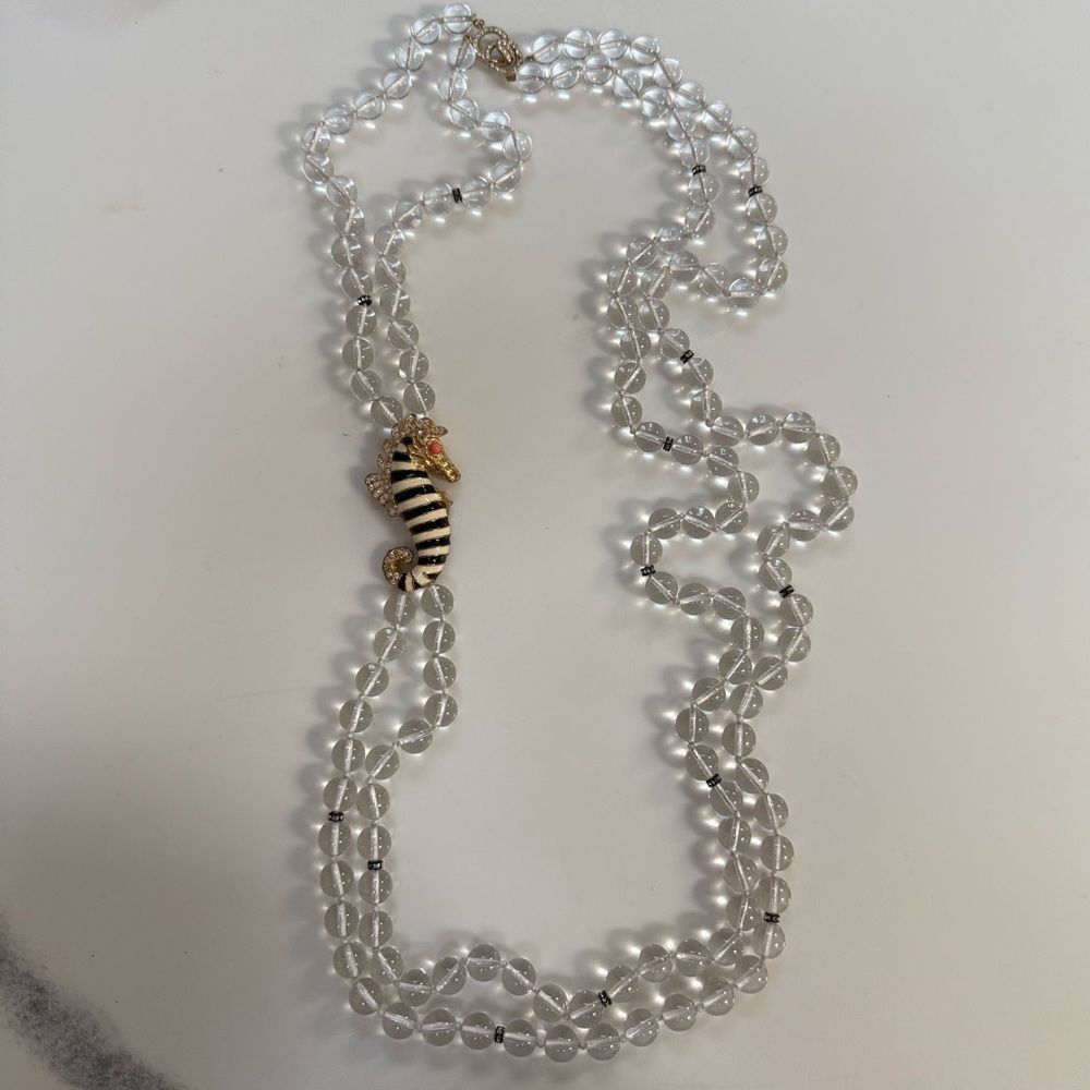 J Crew Enamel Seahorse Clear Glass Beaded Long Statement Necklace